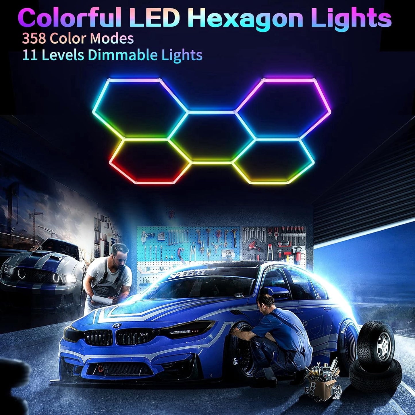 Wall Lights, RGB Hexagon LED Garage Lights, Honeyc