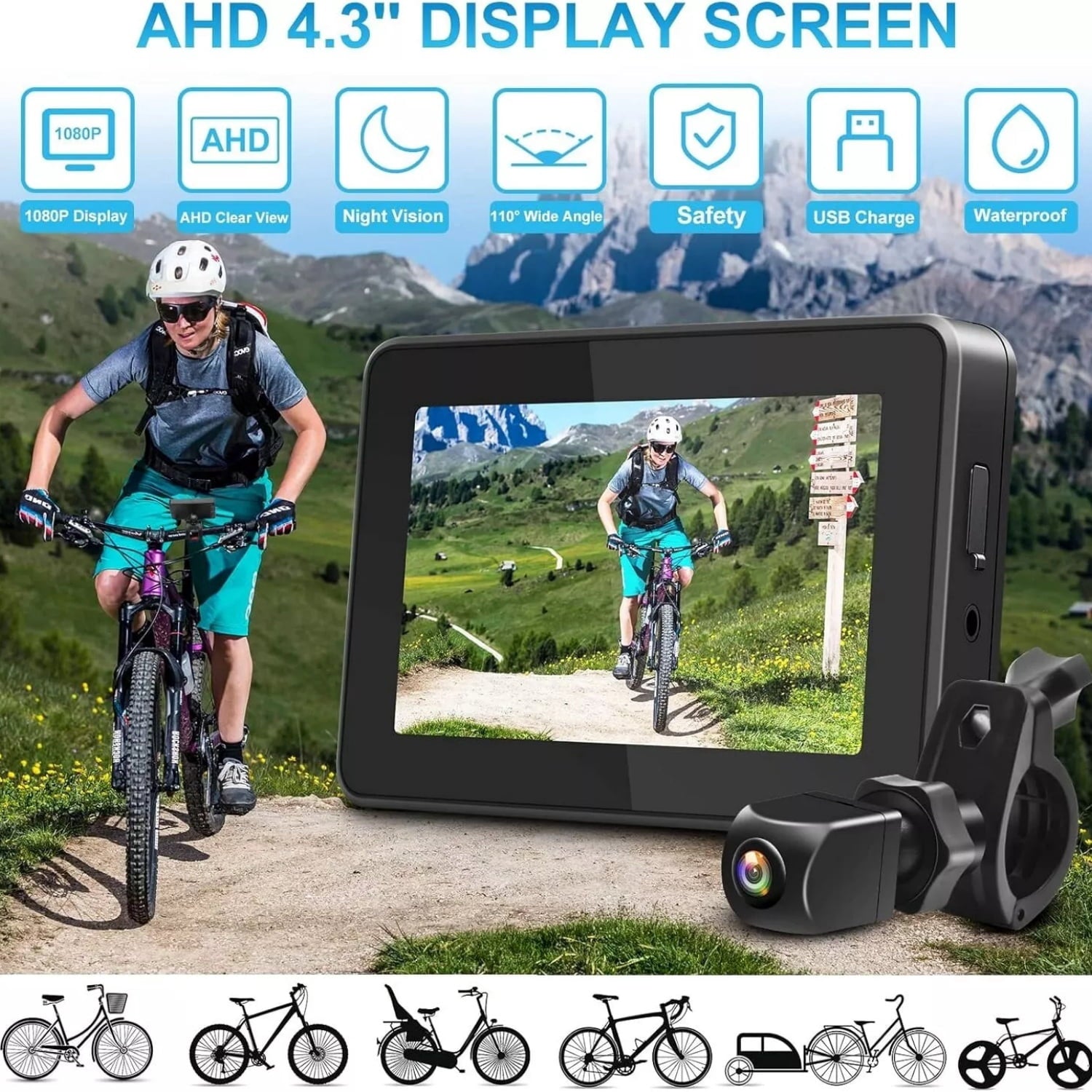 1080P HD Bicycle Rear View Camera with 4.3 Monito