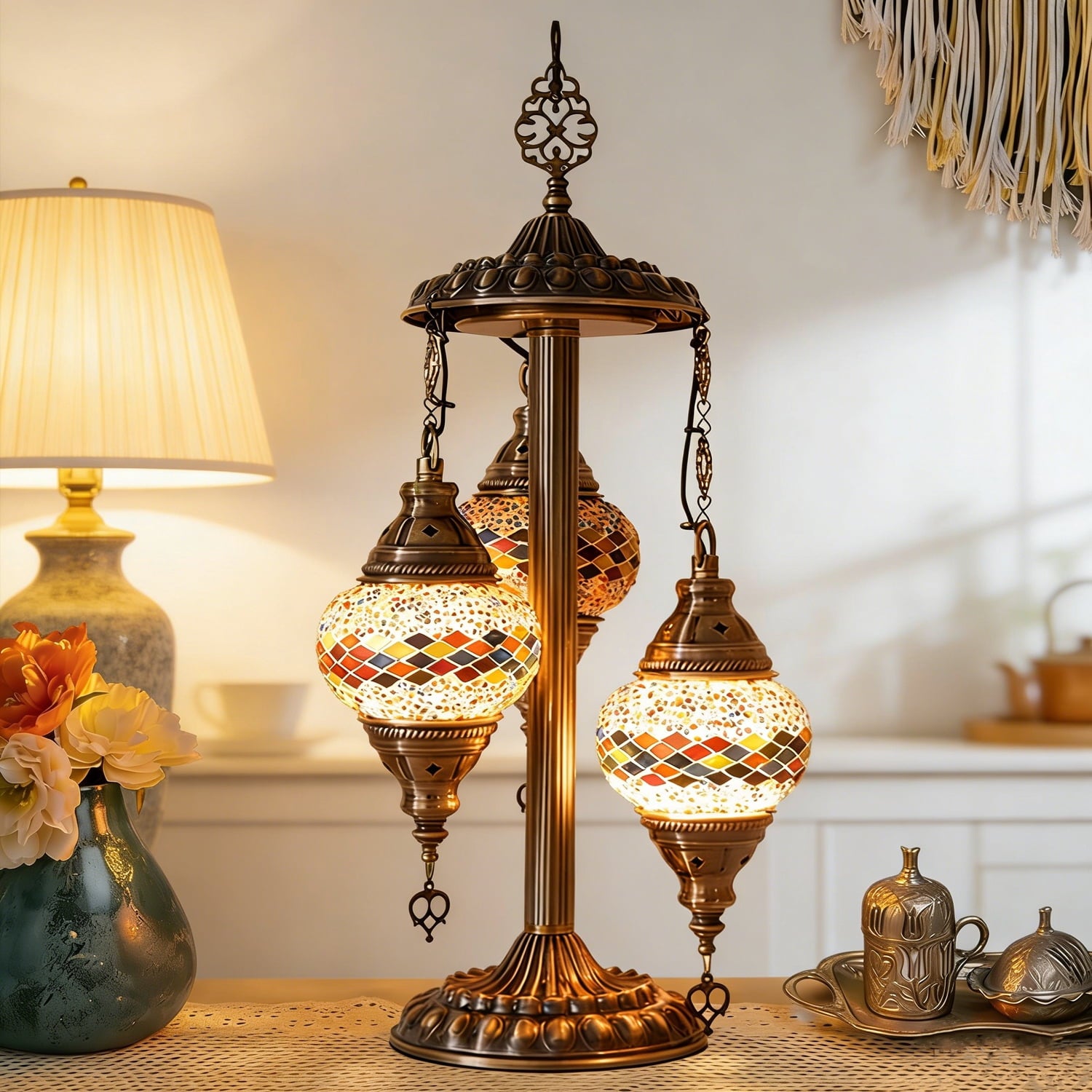 Tiffany Mosaic Glass Night Light, Hand-Painted Table Lamp, Turkish Exotic Decorative Lamp with Antique Brass Base-21H - Main Image