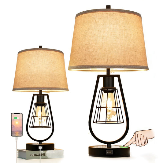 Farmhouse Table Lamp with USB Ports, Night Light,